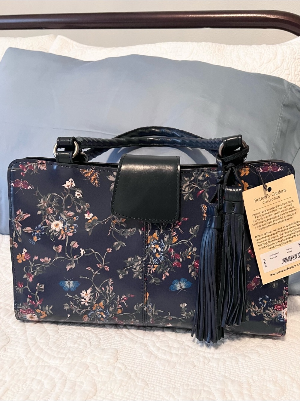 Patricia Nash Butterfly Gardens Floral Purse with Tassel Blue NWT